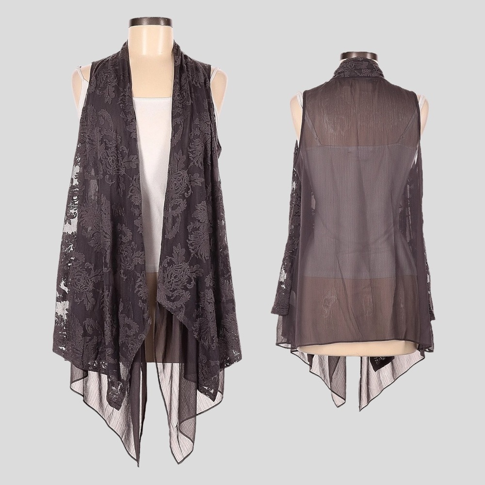 LOGO Lavish Lori Goldstein Gray Lace Chiffon Sheer Waterfall Duster Cardigan S